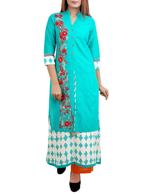turquoise cotton layered kurta - 14544271 - Very Small Image - 1
