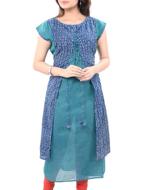 turquoise cotton layered kurta - 14545627 - Very Small Image - 1
