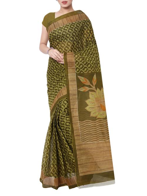 green cotton printed saree with blouse - 14548315 - Very Small Image - 1