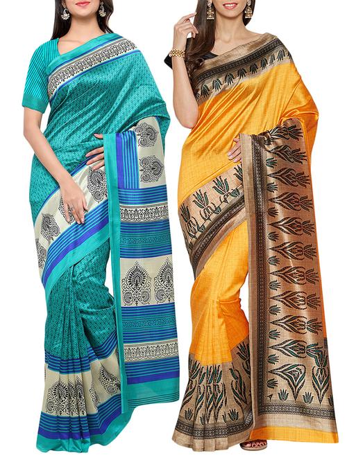 set of 2 multicolour art silk saree combo with blouse - 14550975 - Very Small Image - 1