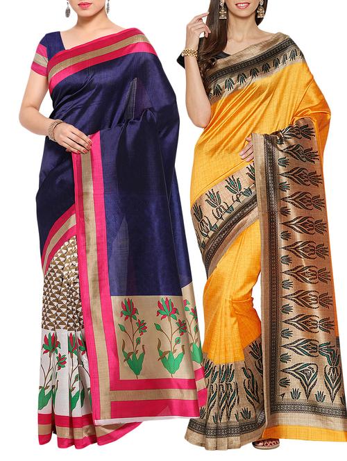 set of 2 multicolour art silk saree combo with blouse - 14550996 - Very Small Image - 1