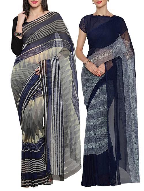 set of 2 multicolour printed saree combo with blouse - 14551062 - Very Small Image - 1