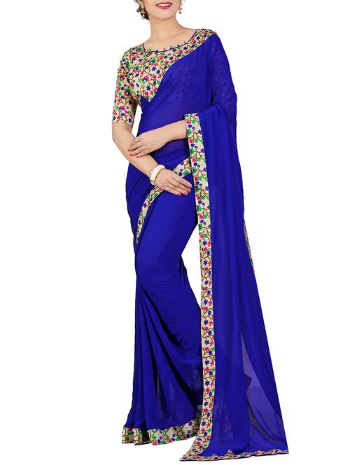 indigo blue bordered saree with blouse - 14551270 - Very Small Image - 1