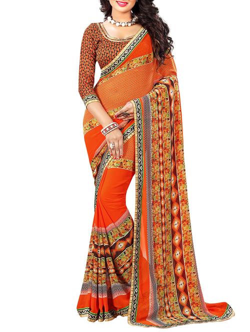orange georgette printed saree with blouse - 14551415 - Very Small Image - 1
