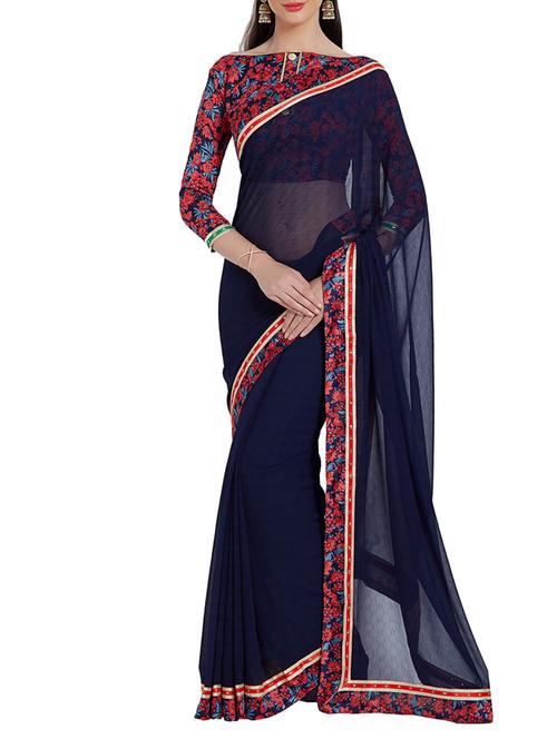 midnight blue bordered saree with blouse - 14551457 - Very Small Image - 1