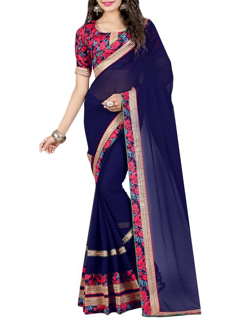 blue bordered saree with blouse - 14551481 - Very Small Image - 1