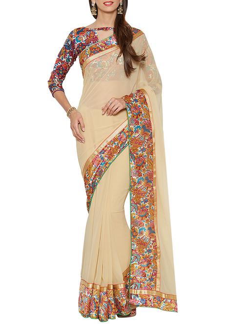 golden beige bordered saree with blouse - 14551519 - Very Small Image - 1