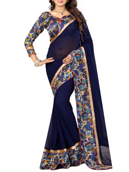 midnight blue bordered saree with blouse - 14551522 - Very Small Image - 1