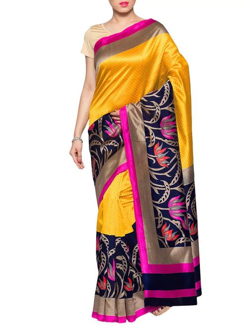 yellow art silk printed saree with blouse - 14551771 - Very Small Image - 1
