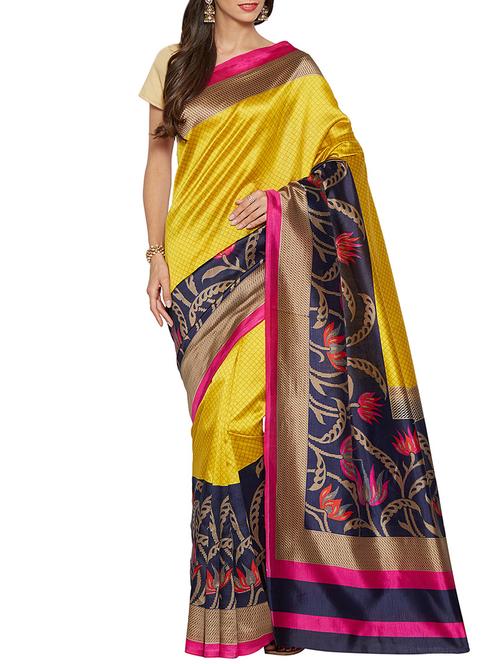 yellow art silk printed saree with blouse - 14551772 - Very Small Image - 1