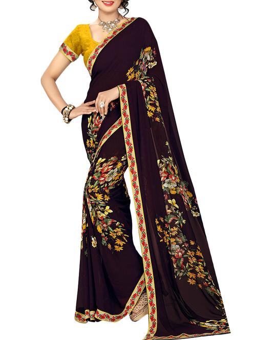 brown georgette printed saree with blouse - 14551807 - Very Small Image - 1