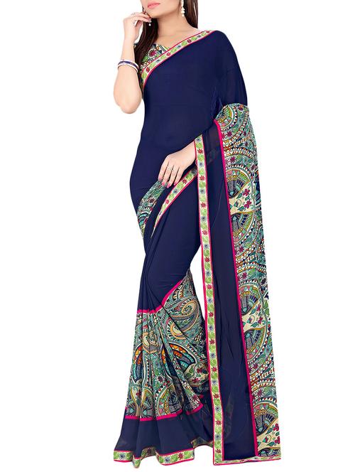 blue georgette printed saree with blouse - 14551819 - Very Small Image - 1