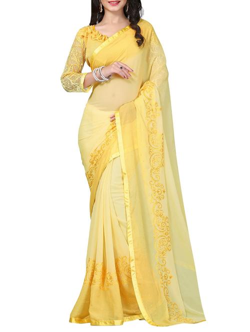 yellow chiffon embroidered saree with blouse - 14552078 - Very Small Image - 1