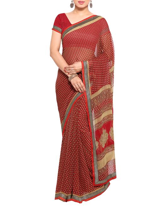 red chiffon printed saree with blouse - 14552170 - Very Small Image - 1