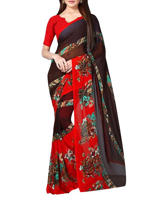 brown & red printed saree with blouse - 14552179 - Very Small Image - 1