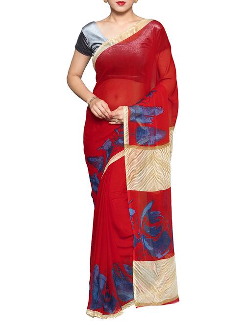 red chiffon printed saree with blouse - 14552215 - Very Small Image - 1