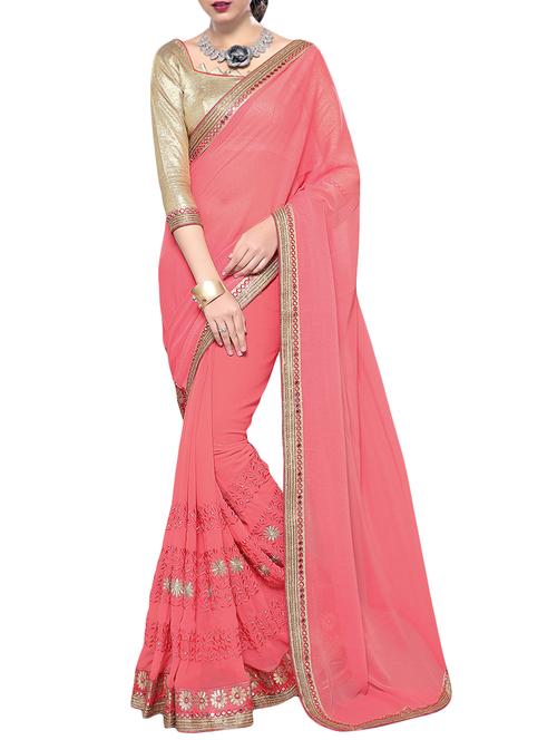 peach faux georgette embroidered saree with blouse - 14552785 - Very Small Image - 1