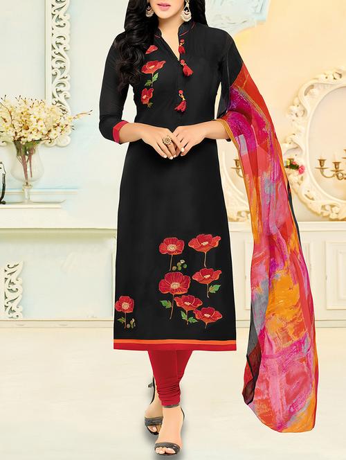 black chanderi cotton unstitched dress material - 14552796 - Very Small Image - 1