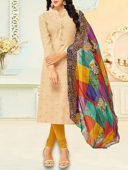 beige chanderi cotton unstitched dress material - 14552807 - Very Small Image - 1