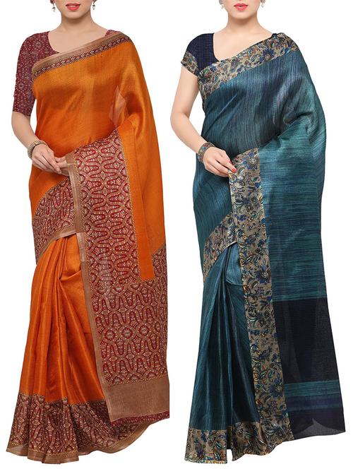 multi colored tussar silk combo saree with blouse - 14553767 - Very Small Image - 1