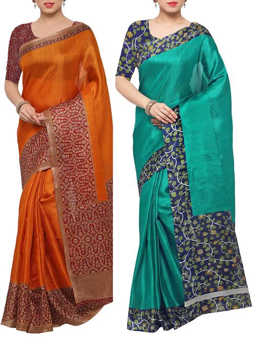 multi colored tussar silk combo saree with blouse - 14553769 - Very Small Image - 1