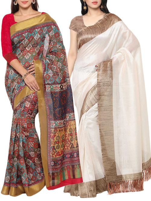 multi colored tussar silk combo saree with blouse - 14553787 - Very Small Image - 1