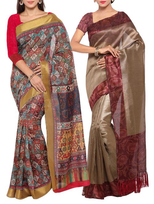 multi colored tussar silk combo saree with blouse - 14553807 - Very Small Image - 1