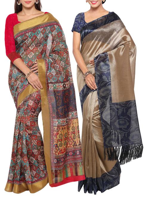 multi colored tussar silk combo saree with blouse - 14553810 - Very Small Image - 1