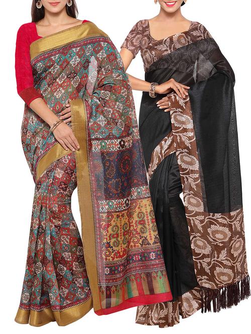 multi colored tussar silk combo saree with blouse - 14553813 - Very Small Image - 1