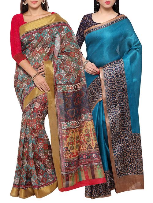 multi colored tussar silk combo saree with blouse - 14553820 - Very Small Image - 1