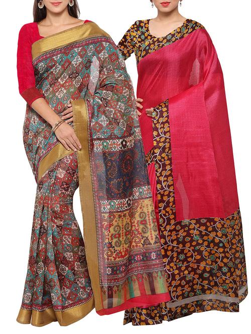 multi colored tussar silk combo saree with blouse - 14553823 - Very Small Image - 1