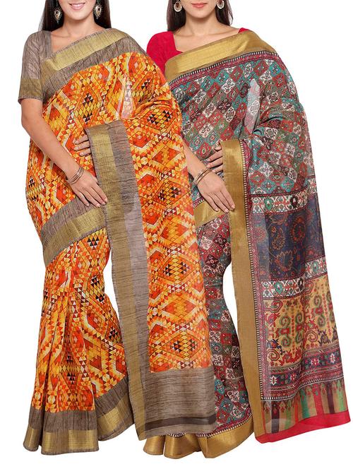 multi colored tussar silk combo saree with blouse - 14553829 - Very Small Image - 1