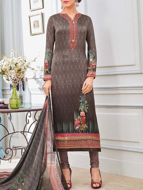 beige crepe embroidered unstitched dress material - 14555576 - Very Small Image - 1