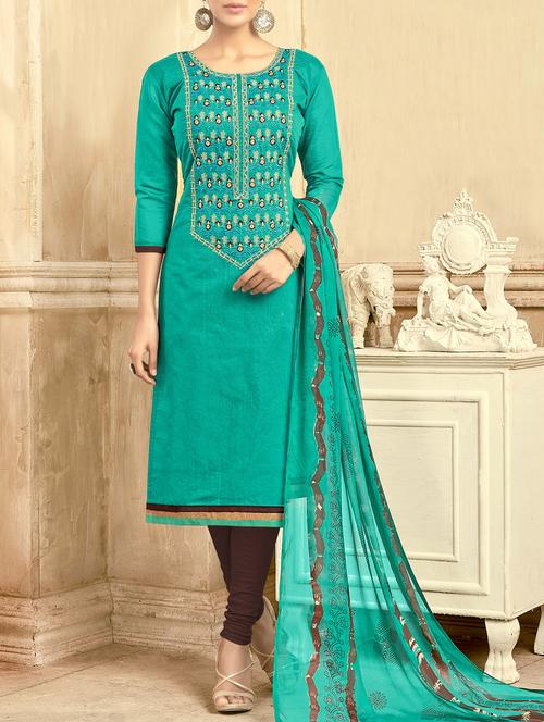 turquoise chanderi cotton unstitched dress material - 14555614 - Very Small Image - 1