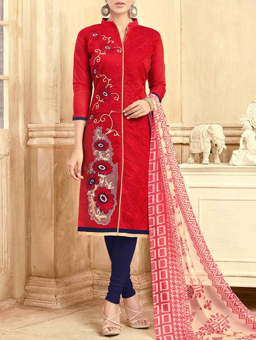 red chanderi cotton unstitched dress material - 14555618 - Very Small Image - 1