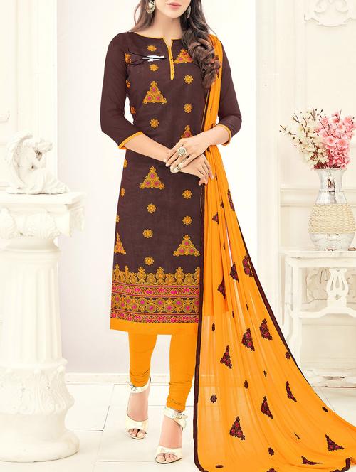 brown chanderi cotton unstitched dress material - 14555625 - Very Small Image - 1
