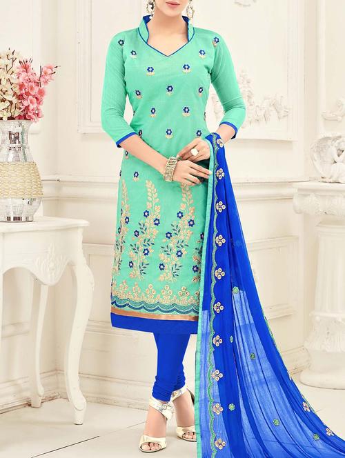 turquoise chanderi cotton unstitched dress material - 14555626 - Very Small Image - 1