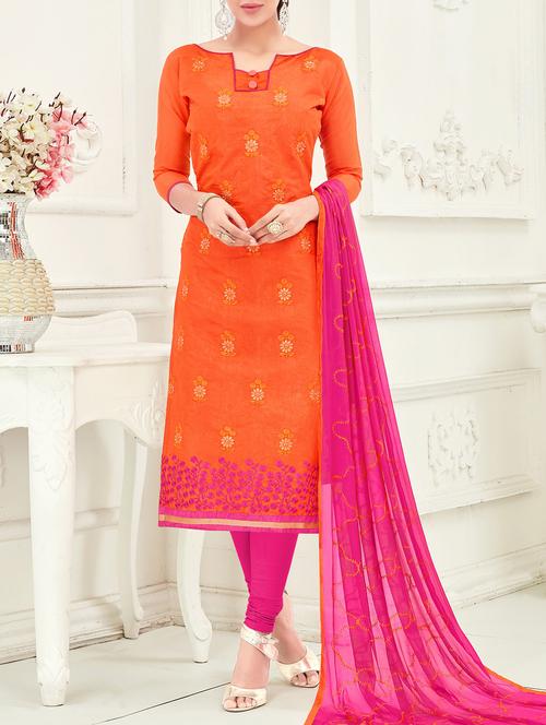 orange chanderi cotton unstitched dress material - 14555627 - Very Small Image - 1