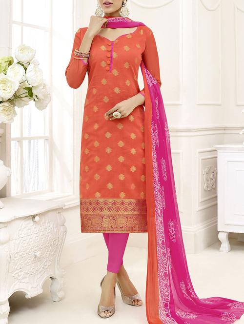 orange chanderi cotton unstitched dress material - 14555638 - Very Small Image - 1