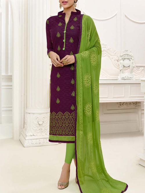 purple chanderi cotton unstitched dress material - 14555645 - Very Small Image - 1