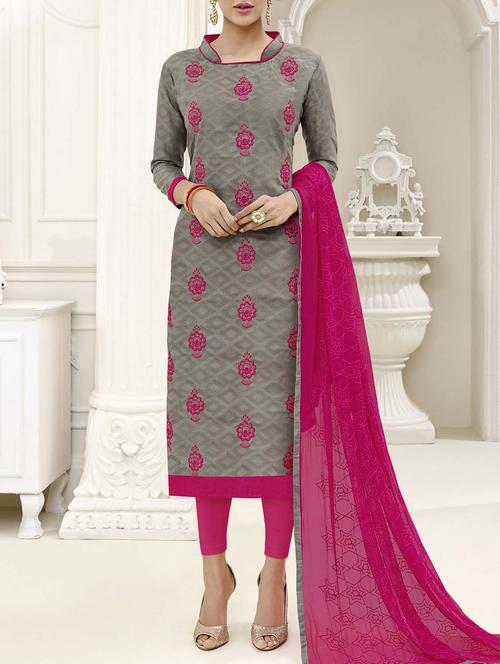 grey chanderi cotton unstitched dress material - 14555646 - Very Small Image - 1