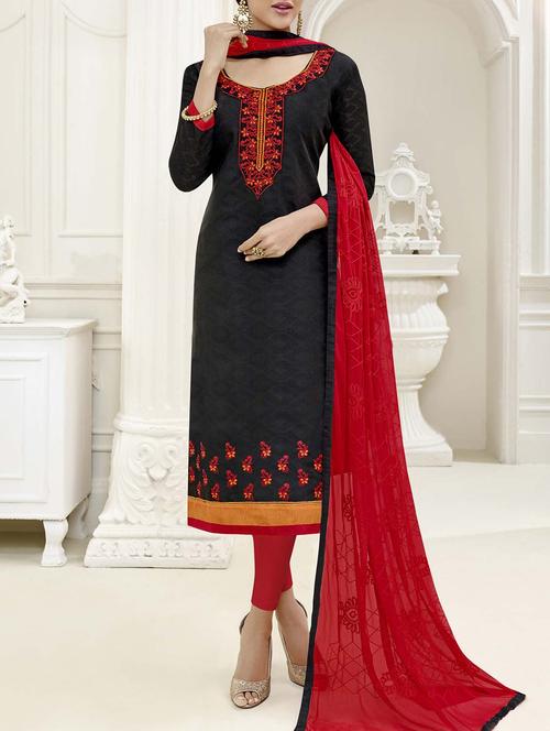 black chanderi cotton unstitched dress material - 14555649 - Very Small Image - 1