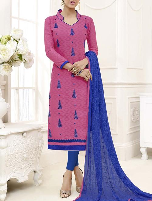 pink chanderi cotton unstitched dress material - 14555652 - Very Small Image - 1