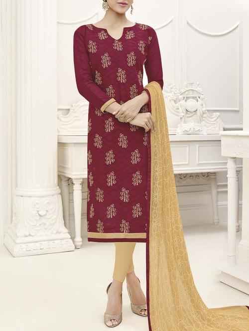 maroon chanderi cotton unstitched dress material - 14555655 - Very Small Image - 1