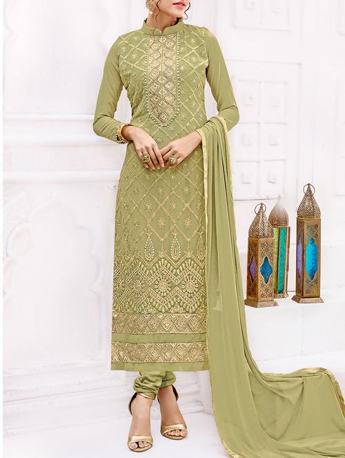 mehandi green georgette unstitched dress material - 14555657 - Very Small Image - 1