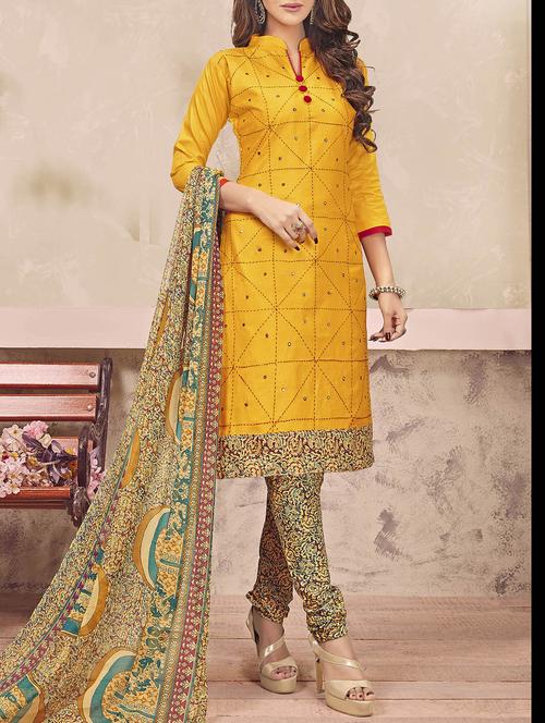 yellow cotton unstitched dress material - 14555669 - Very Small Image - 1