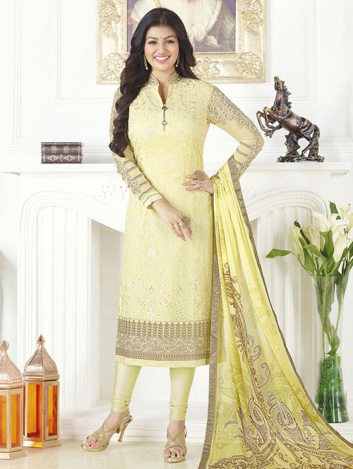 yellow georgette unstitched dress material - 14555680 - Very Small Image - 1