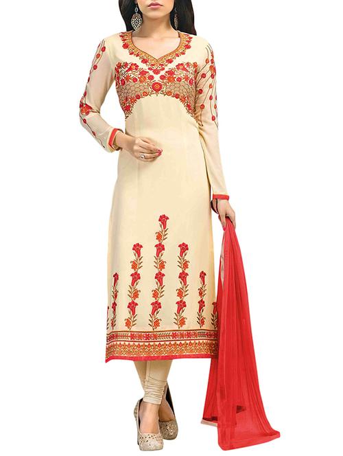 cream georgette semi-stitched churidaar suit - 14556443 - Very Small Image - 1