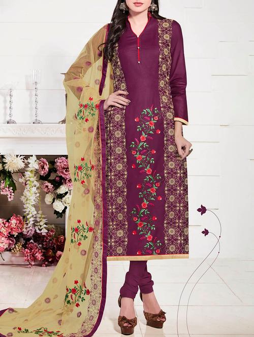 purple cotton blend unstitched dress material - 14556610 - Very Small Image - 1