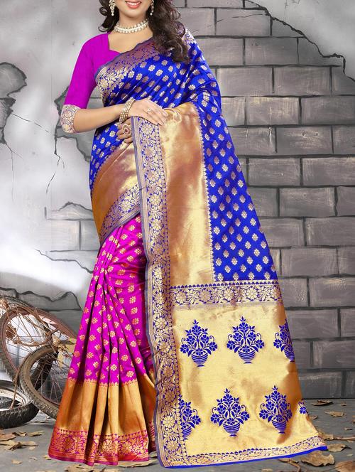 blue art silk banarasi saree with blouse - 14557567 - Very Small Image - 1